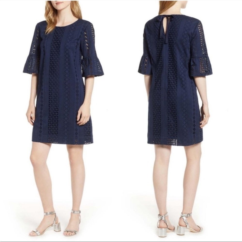 J Crew Flutter Sleeve Eyelet Dress Navy 100% Cotton, Size 8